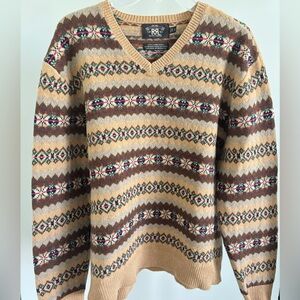 RRL Ralph Lauren Fair Isle V-Neck Brown Knit Suede Elbow Sweater Men's XL